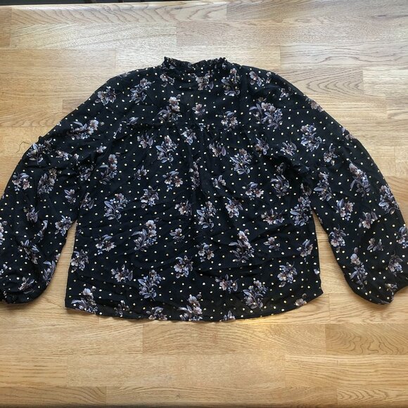 Urban Romantics Black Floral Top Mockneck Metallic Gold Puff Sleeve Small - Picture 2 of 11